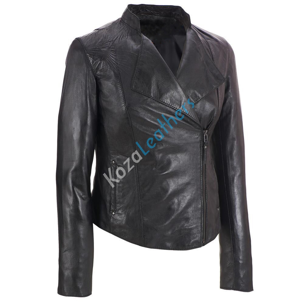 Women Real Lambskin Leather Biker Jacket KW151