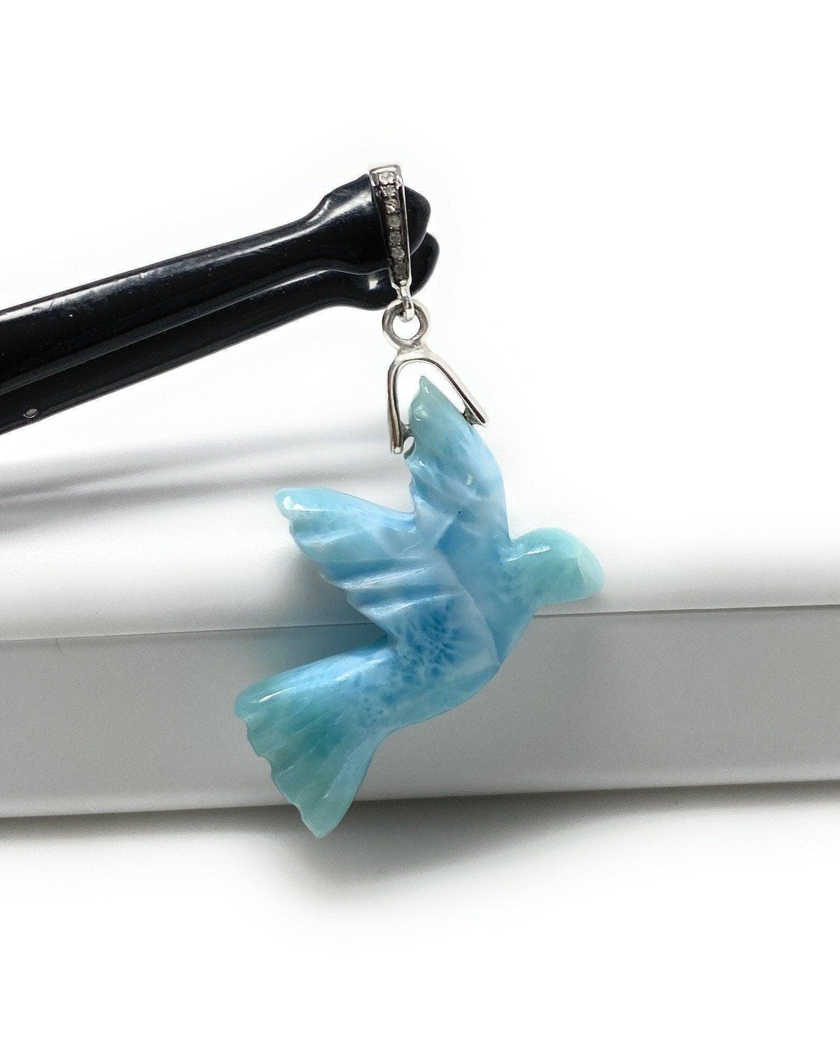 8g Rare Large Larimar Bird Pave Diamond Pendant, Silver Bohemian - VirtuousWares:Global