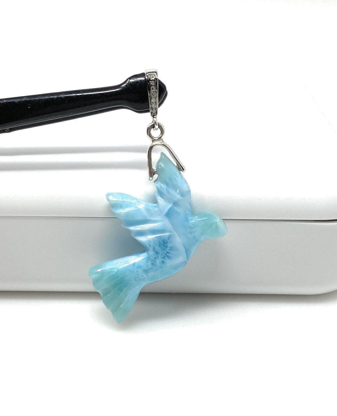 8g Rare Large Larimar Bird Pave Diamond Pendant, Silver Bohemian - VirtuousWares:Global