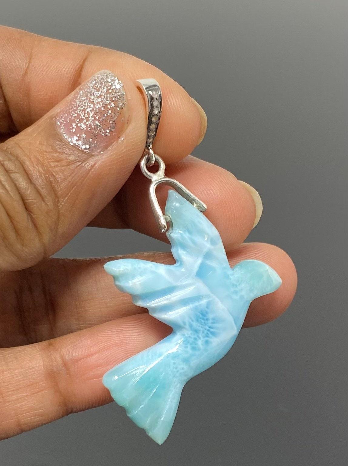 8g Rare Large Larimar Bird Pave Diamond Pendant, Silver Bohemian - VirtuousWares:Global