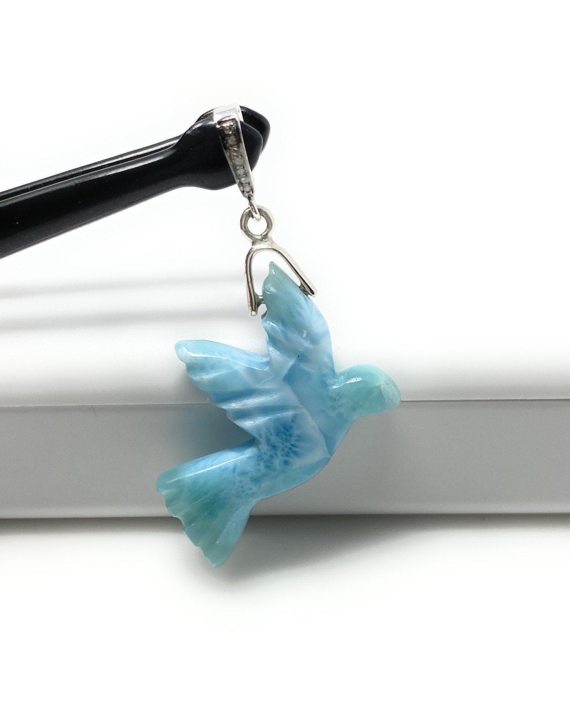 8g Rare Large Larimar Bird Pave Diamond Pendant, Silver Bohemian - VirtuousWares:Global