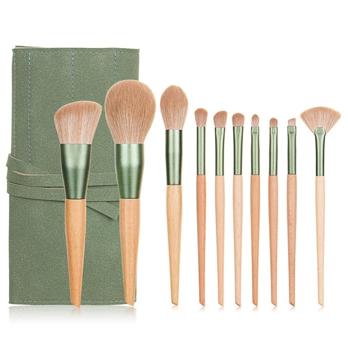 10pcs Nature Wood Handle Makeup Brushes Set With Green Pineapple Bag