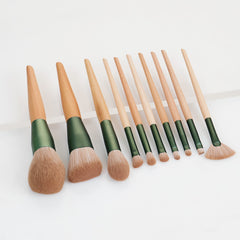 10pcs Nature Wood Handle Makeup Brushes Set With Green Pineapple Bag