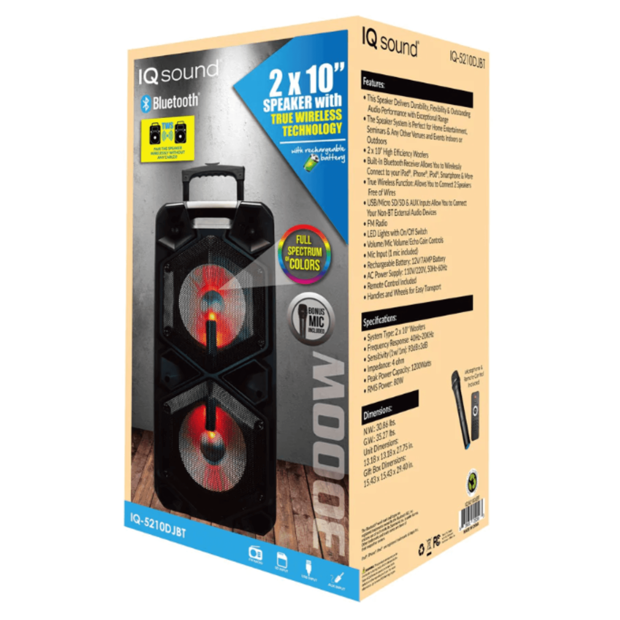 2 x 10" Portable Bluetooth Speaker with True Wireless Technology