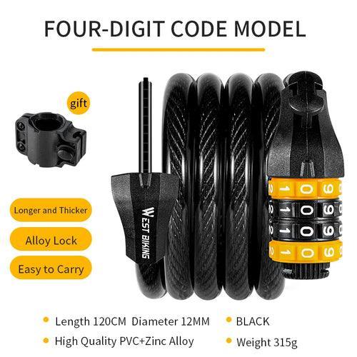 WEST BIKING Bicycle Cable Lock MTB Road Bike Security Steel Cable