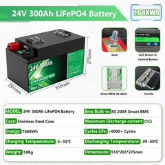 LiFePO4 24V 300Ah 200Ah 12V 100Ah 140Ah 48V Battery Pack 7680Wh Grade