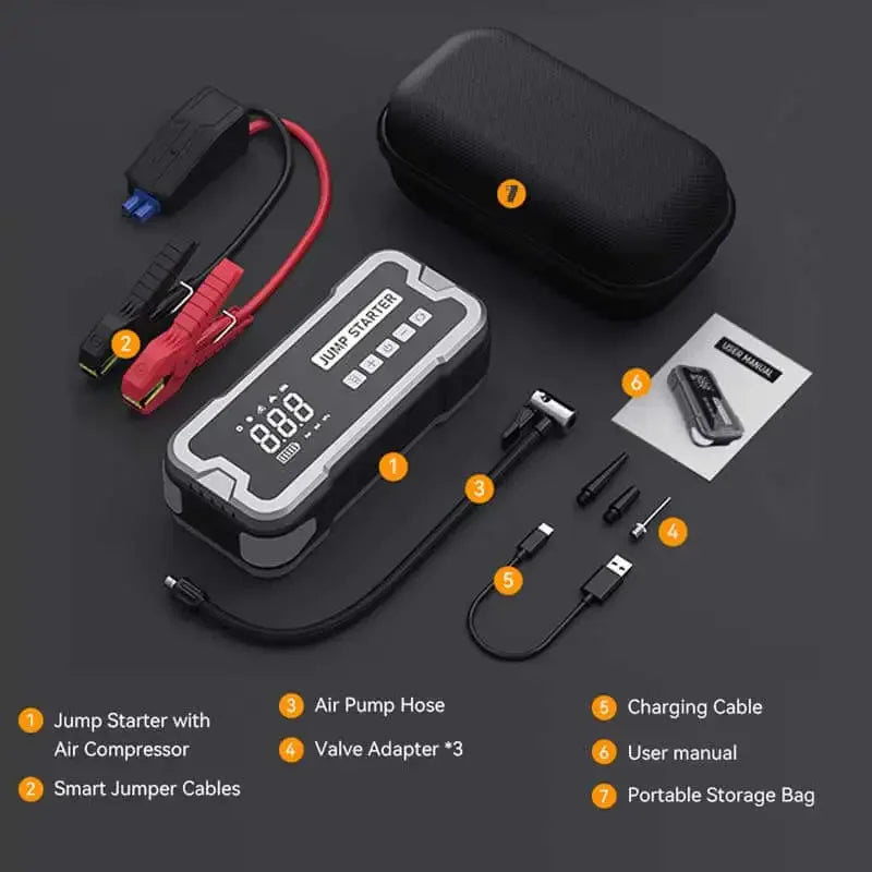 2 IN 1 2000A Portable Power Bank Jump Starter 150PSI Tire Inflator Air