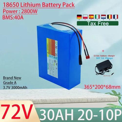 72V 30Ah 18650 20S10P Lithium Ion Battery Pack 2800W Power Tool