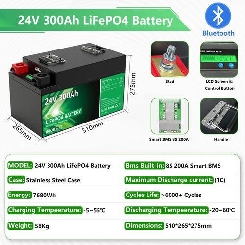 LiFePO4 24V 300Ah 200Ah 12V 100Ah 140Ah 48V Battery Pack 7680Wh Grade
