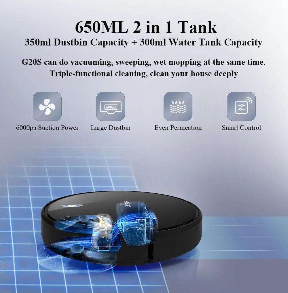 ABIR G20S Robot Vacuum Cleaner,Map Memory,6000Pa Suction,Remote Upgrade, Electric Wet Mop,WIFI APP Smart Floor Washing for Home - VirtuousWares:Global