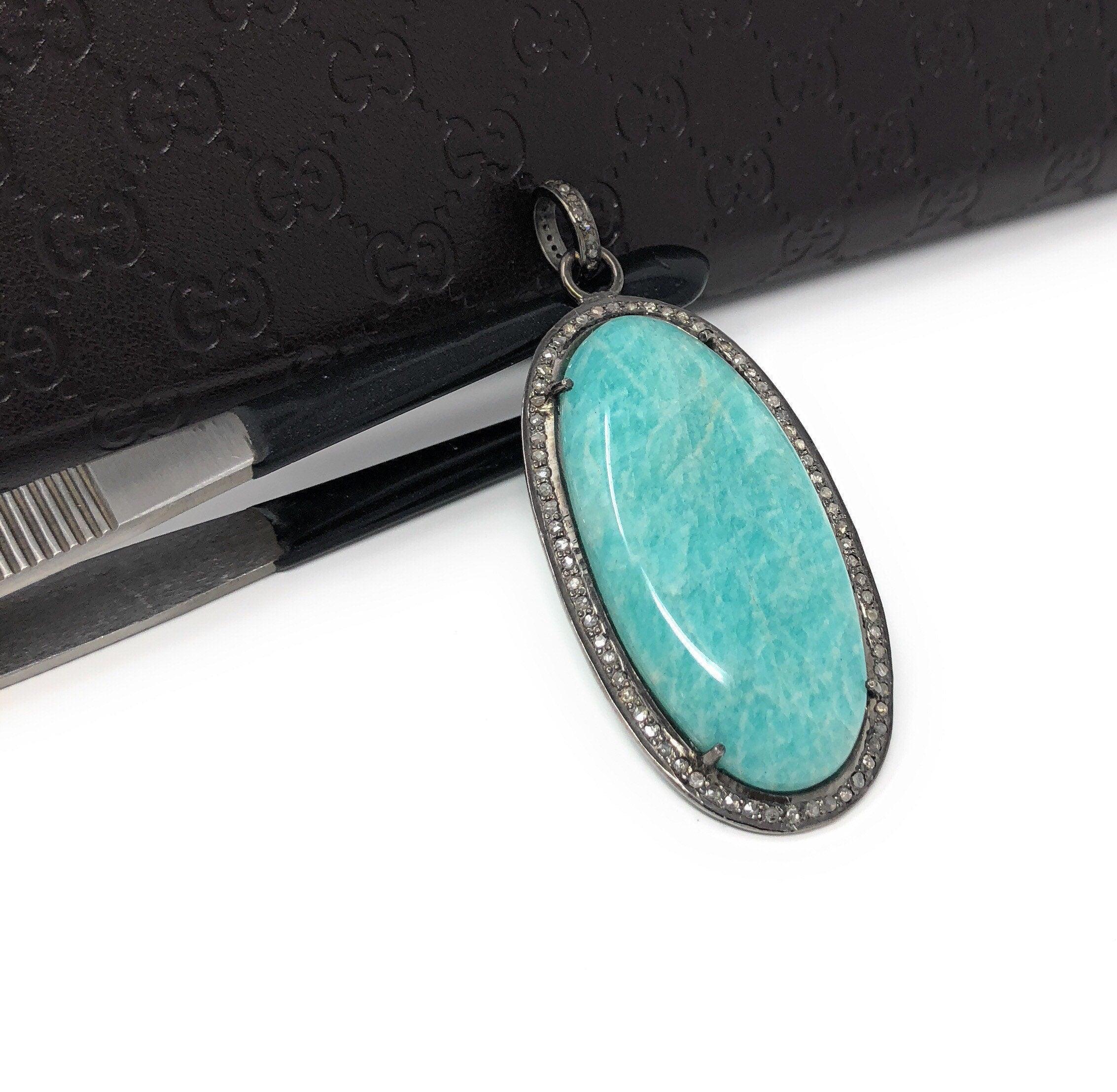Amazonite Pendant, Gemstone Pendant, Diamond Pendant, Sterling Silver - VirtuousWares:Global