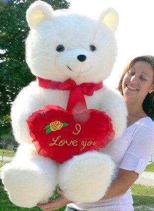 American Made Giant White Teddy Bear Holding I Love You Heart Pillow - VirtuousWares:Global