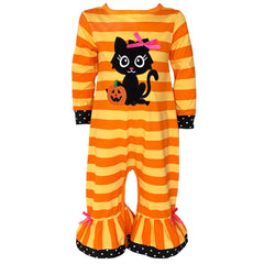 AnnLoren Baby Girls Halloween Sweet Black Cat Orange Cotton Romper - VirtuousWares:Global