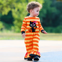 AnnLoren Baby Girls Halloween Sweet Black Cat Orange Cotton Romper - VirtuousWares:Global