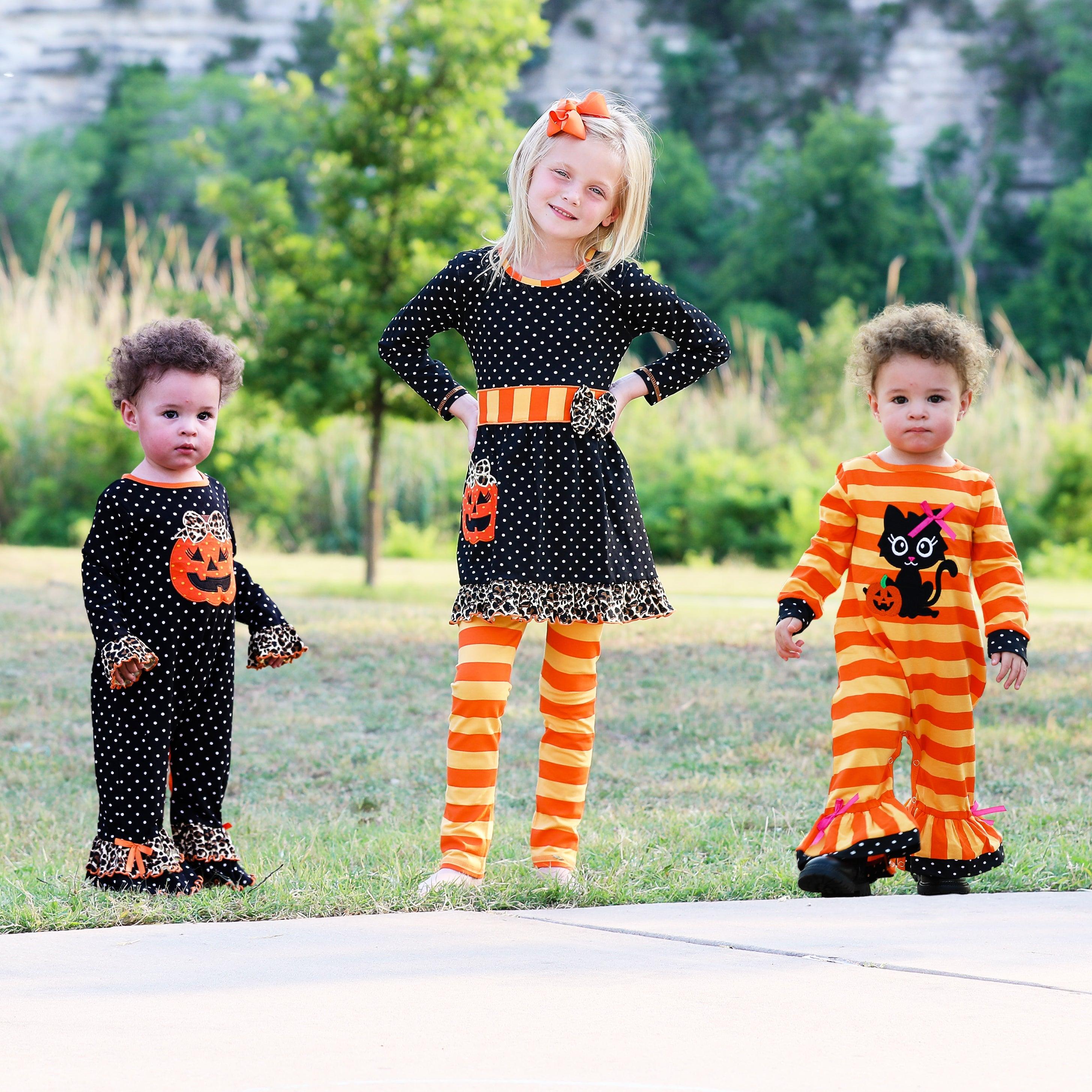 AnnLoren Baby Girls Halloween Sweet Black Cat Orange Cotton Romper - VirtuousWares:Global