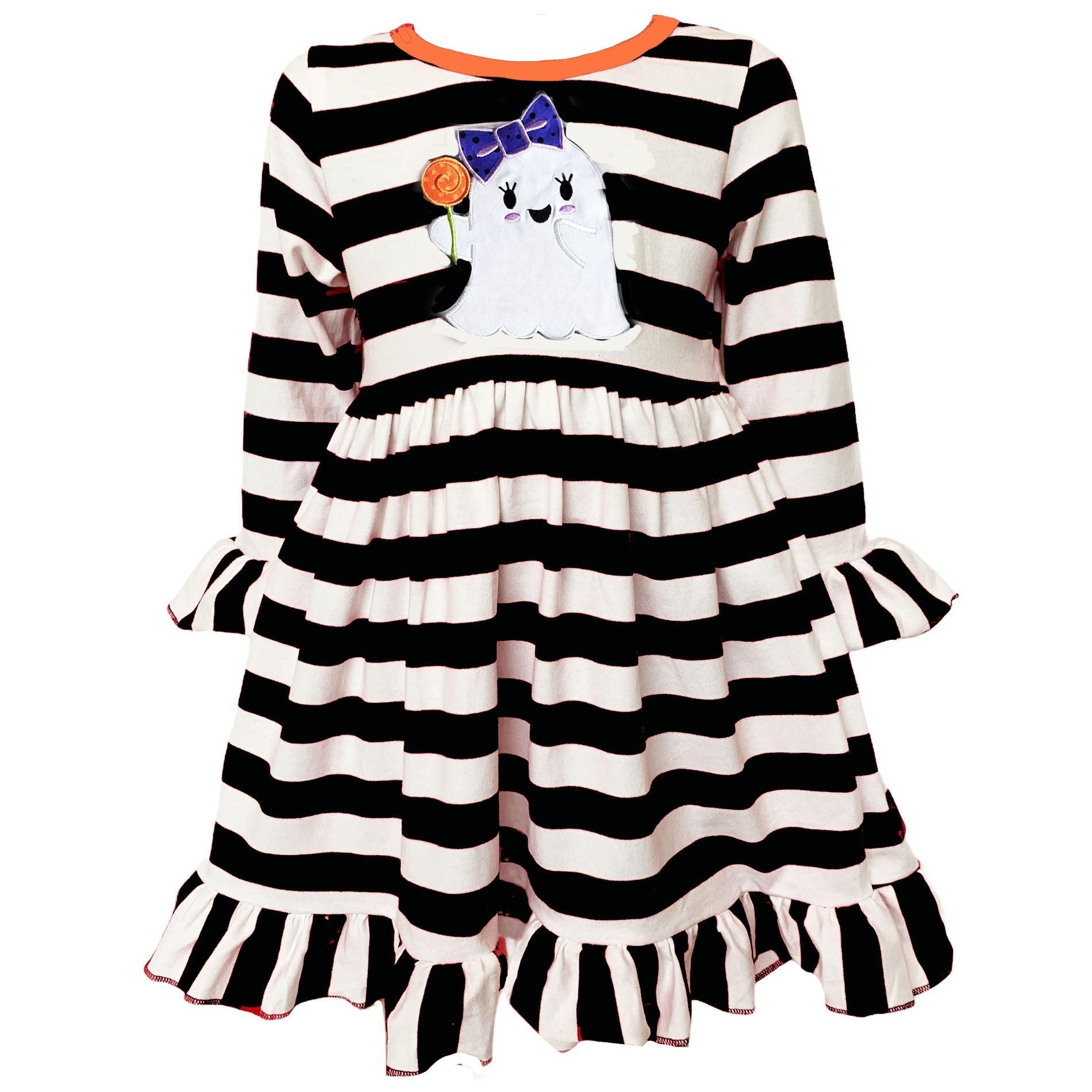 AnnLoren Girls Boutique Friendly Ghost Striped Halloween Cotton Dress - VirtuousWares:Global