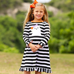 AnnLoren Girls Boutique Friendly Ghost Striped Halloween Cotton Dress - VirtuousWares:Global
