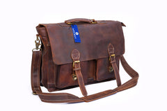 Anuent Handmade Brown Leather Laptop Bag With 2 Pockets. - VirtuousWares:Global
