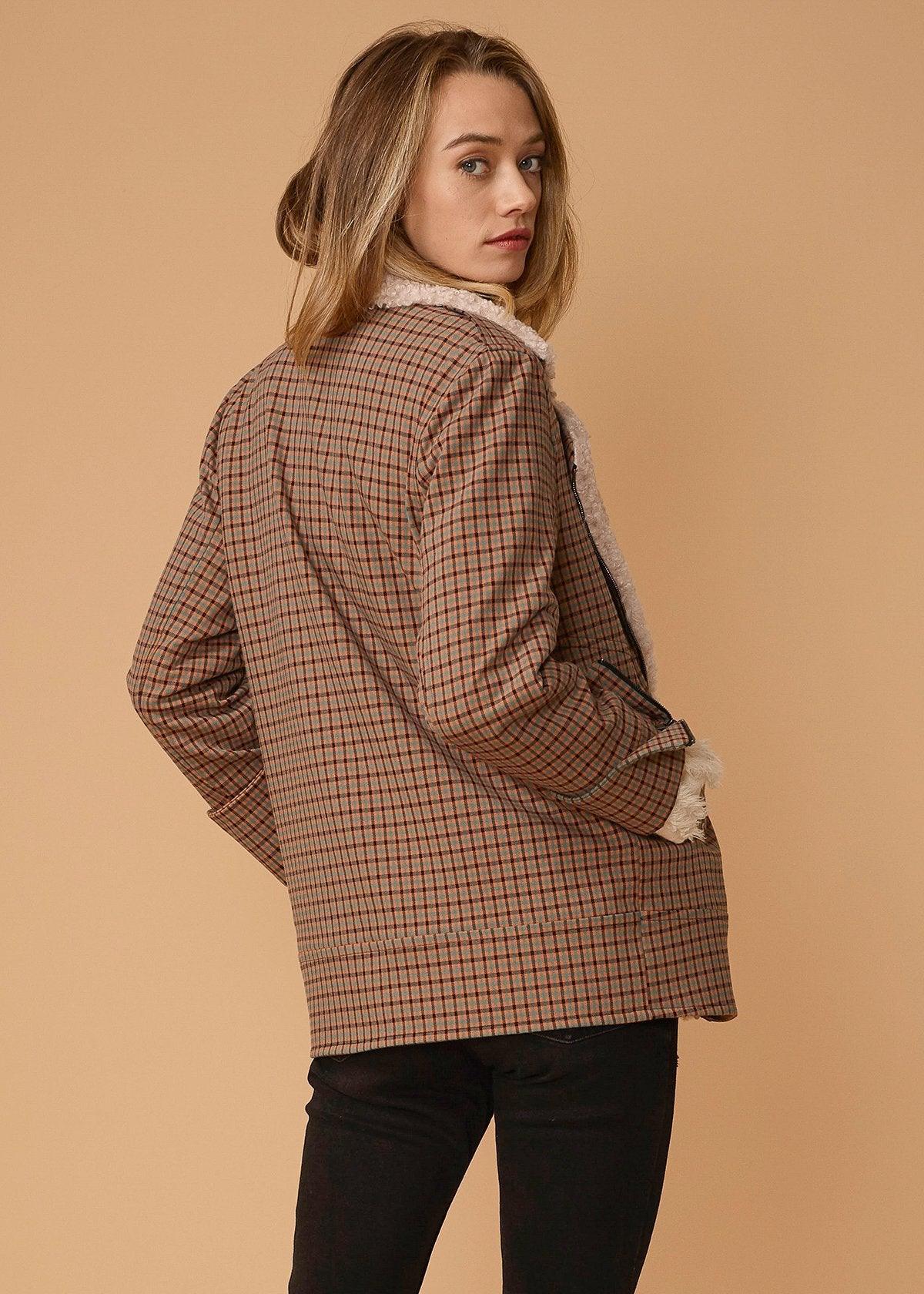 Asymmetrical Zip Front Coat in Peach Gingham - VirtuousWares:Global