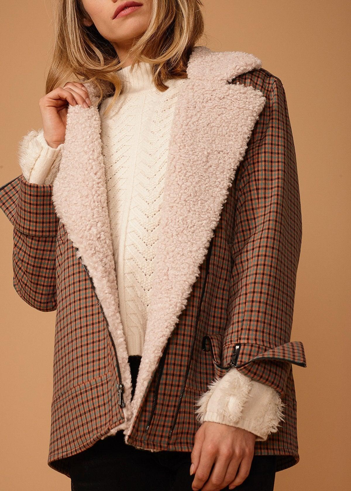 Asymmetrical Zip Front Coat in Peach Gingham - VirtuousWares:Global