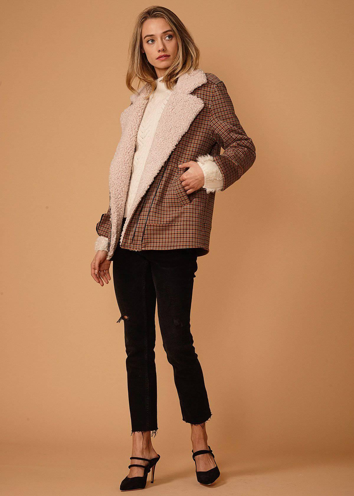 Asymmetrical Zip Front Coat in Peach Gingham - VirtuousWares:Global