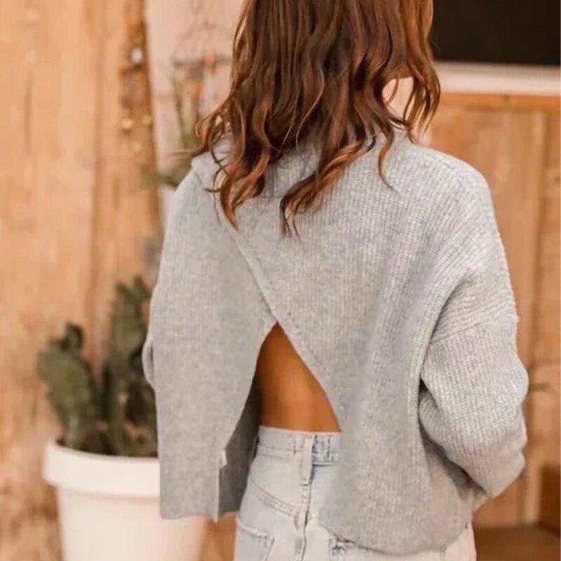 Backless Knitted Pullovers Long Sleeve Sweater - VirtuousWares:Global