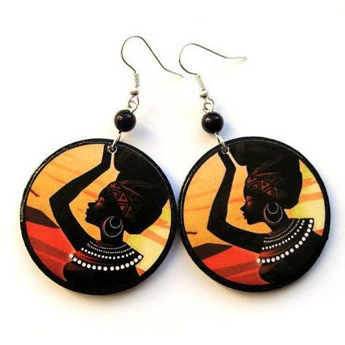 Wooden African woman painted earrings, traditional crafted earrings