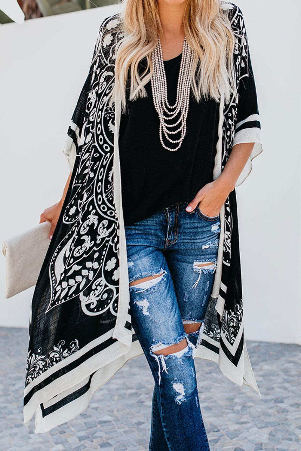 Black Boho Tokyo Medallion Kimono Beach Cover Up - VirtuousWares:Global