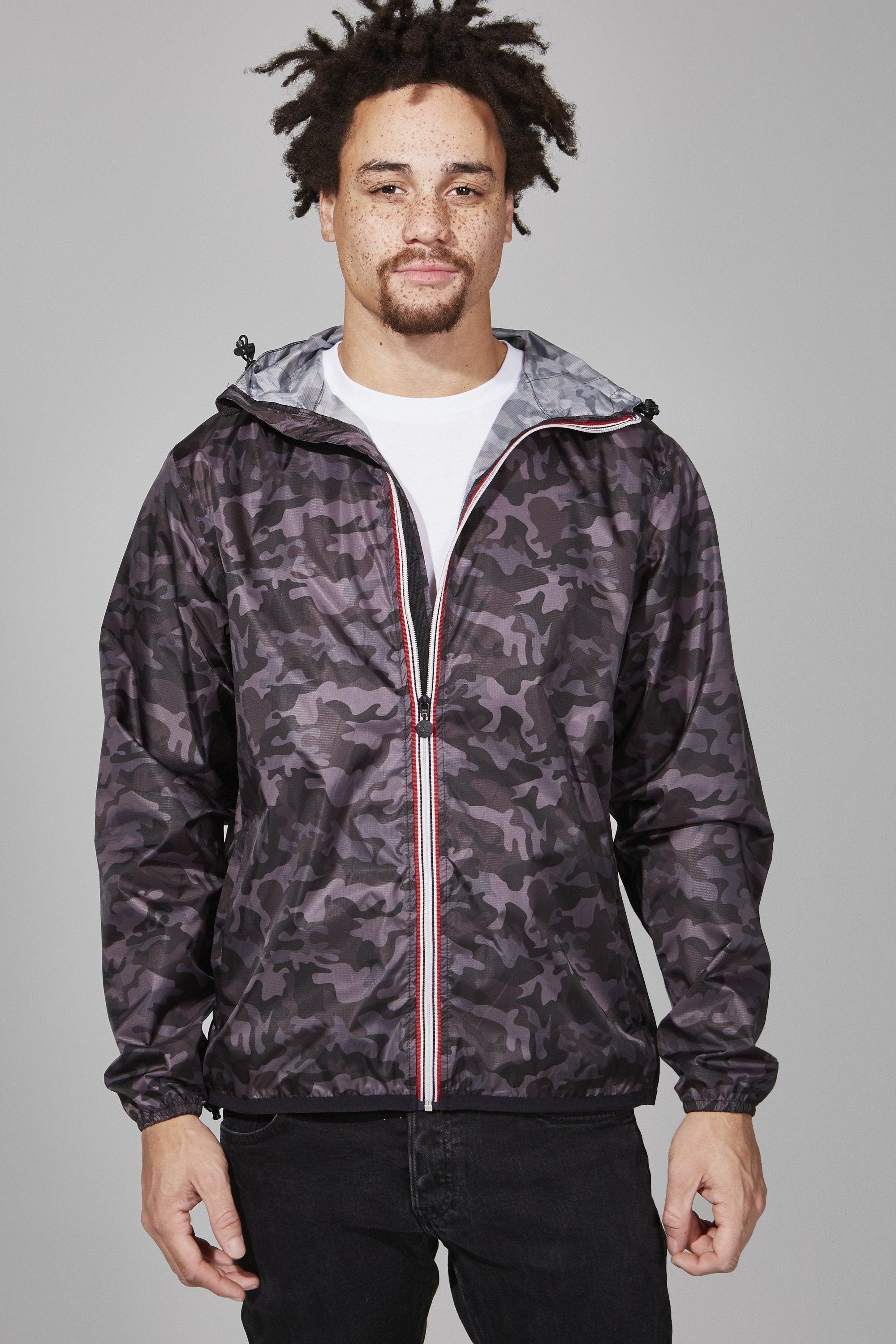 Black camo full zip packable rain jacket and windbreaker - VirtuousWares:Global