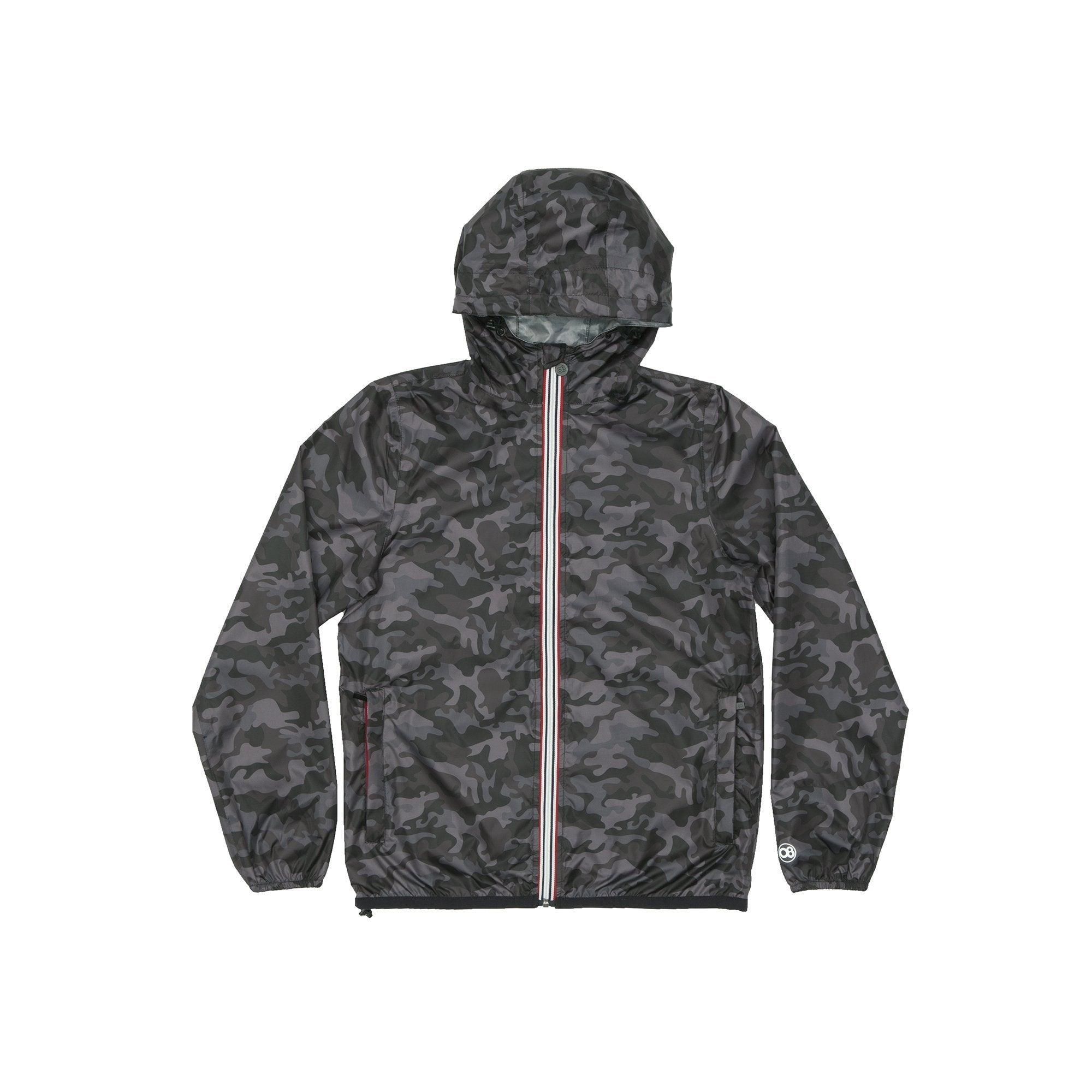 Black camo full zip packable rain jacket and windbreaker - VirtuousWares:Global