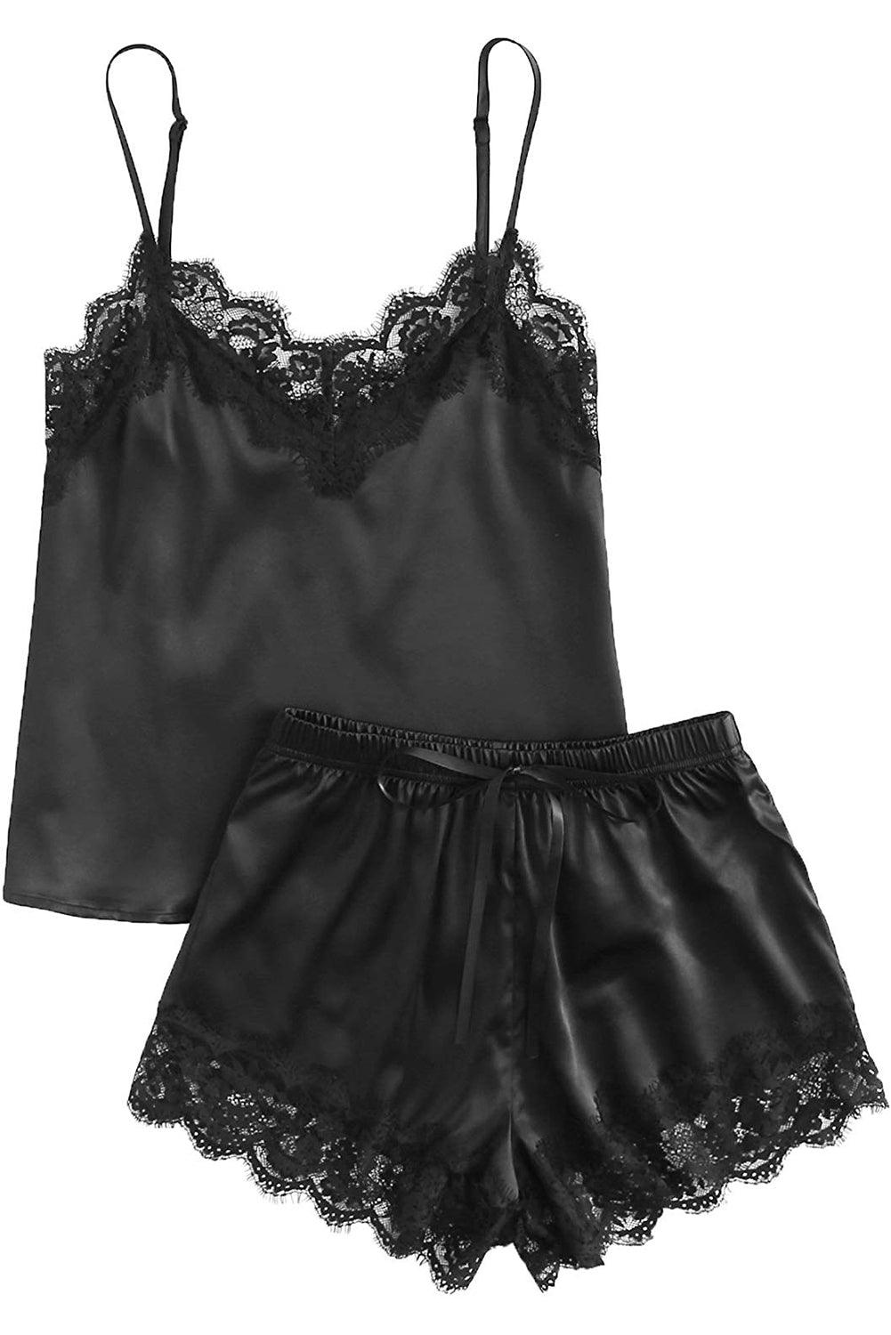 Black Lace Satin Cami Top and Shorts Sleepwear Pajamas Set - VirtuousWares:Global