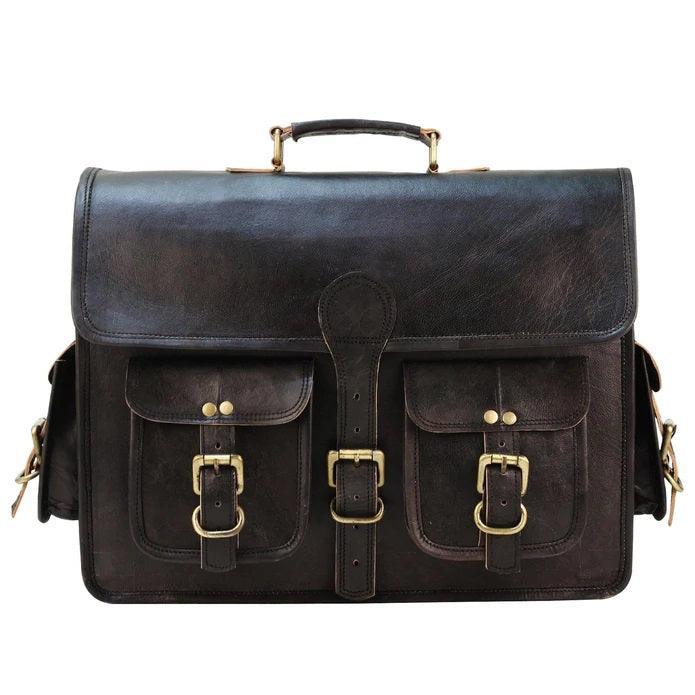 Black Leather Laptop Briefcase Large Satchel Shoulder Messenger Bag - VirtuousWares:Global