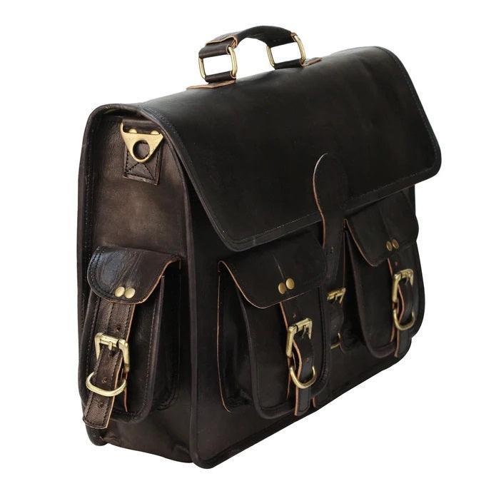 Black Leather Laptop Briefcase Large Satchel Shoulder Messenger Bag - VirtuousWares:Global