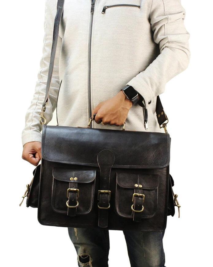 Black Leather Laptop Briefcase Large Satchel Shoulder Messenger Bag - VirtuousWares:Global
