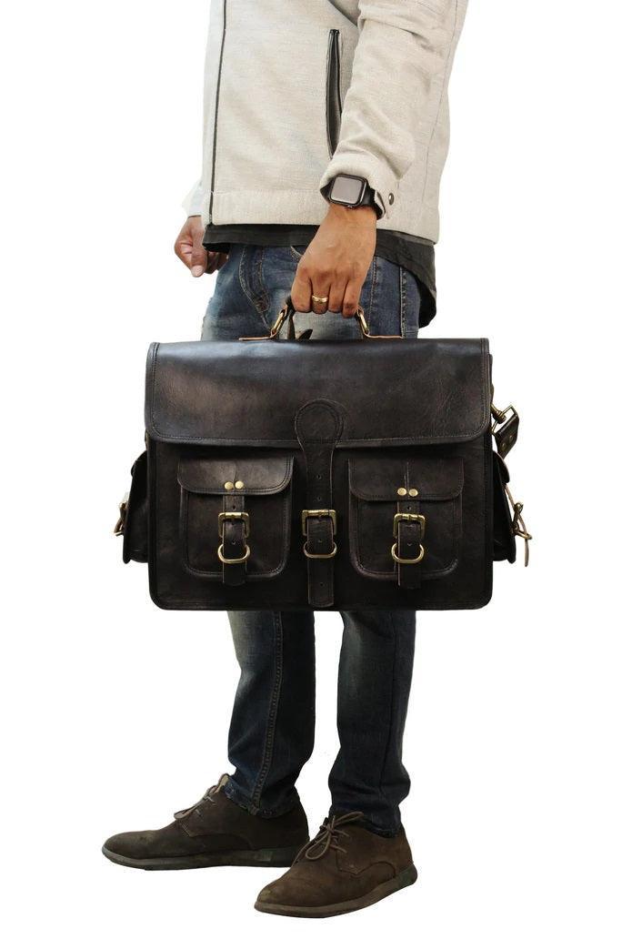 Black Leather Laptop Briefcase Large Satchel Shoulder Messenger Bag - VirtuousWares:Global