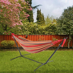 Black Steel Pipe Hammock Frame with Polyester Cotton Hammock Set - VirtuousWares:Global