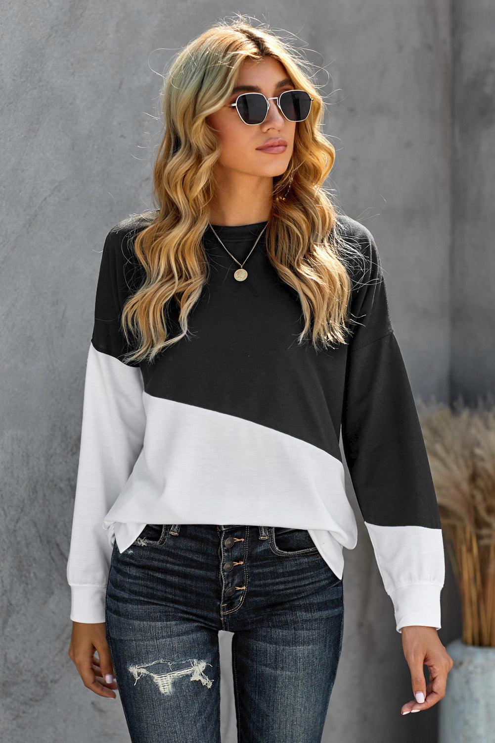 Black White Patchwork Dropped Shoulder Sleeve Sweatshirt - VirtuousWares:Global