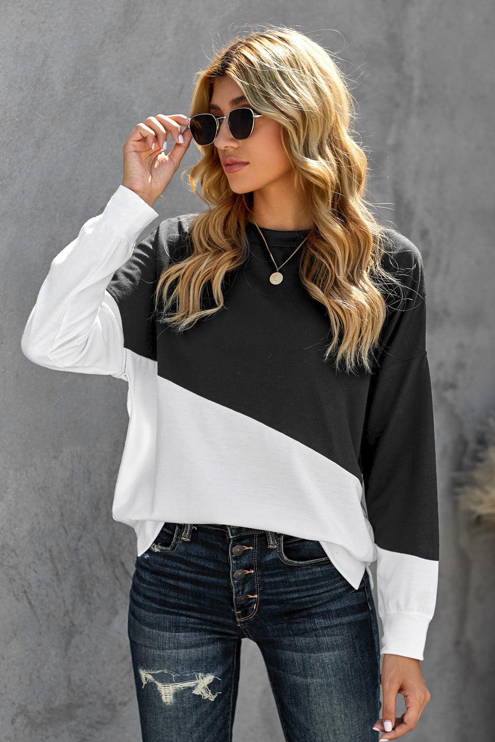 Black White Patchwork Dropped Shoulder Sleeve Sweatshirt - VirtuousWares:Global