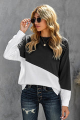 Black White Patchwork Dropped Shoulder Sleeve Sweatshirt - VirtuousWares:Global