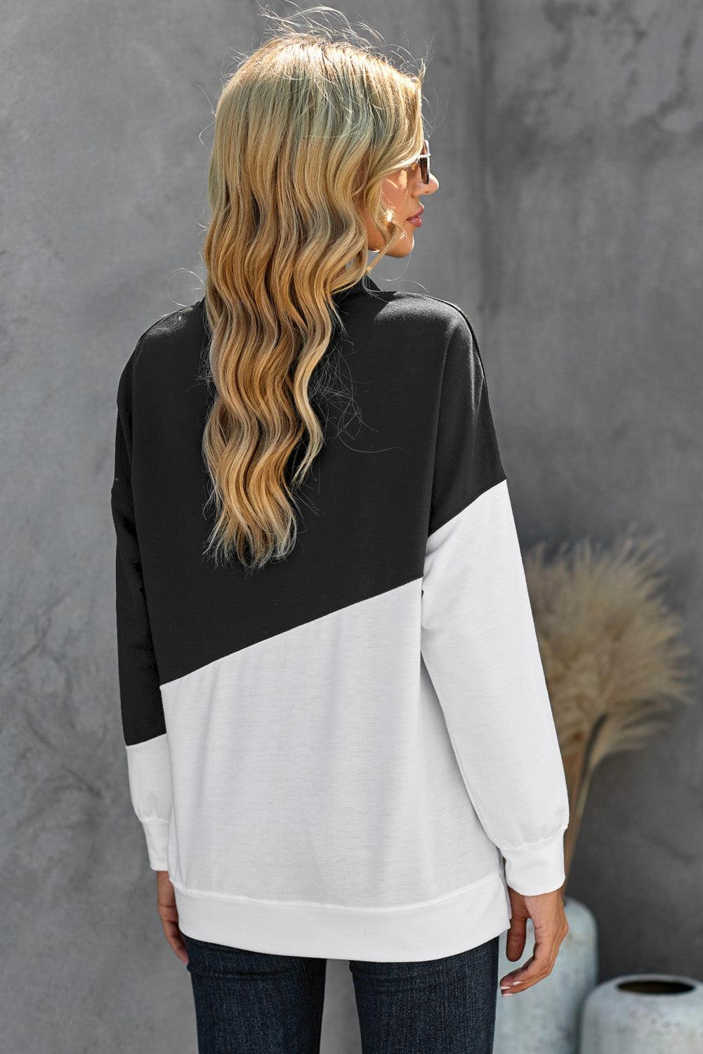 Black White Patchwork Dropped Shoulder Sleeve Sweatshirt - VirtuousWares:Global