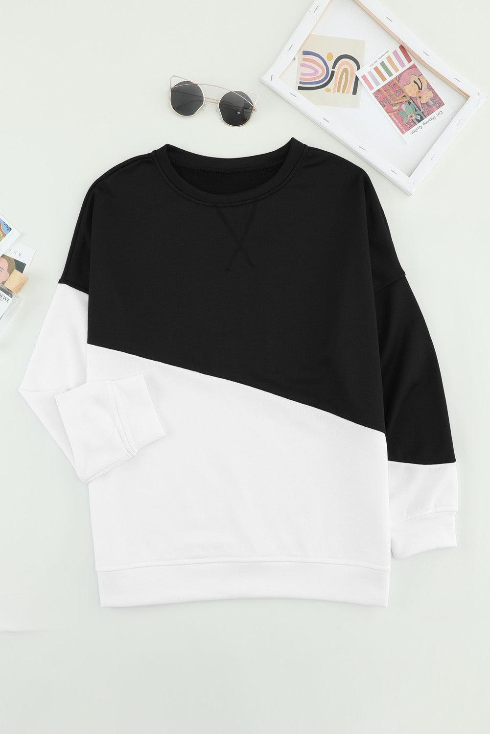 Black White Patchwork Dropped Shoulder Sleeve Sweatshirt - VirtuousWares:Global