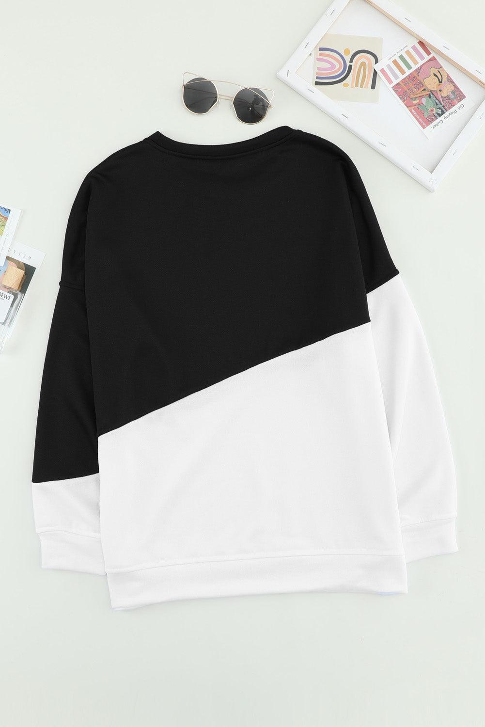 Black White Patchwork Dropped Shoulder Sleeve Sweatshirt - VirtuousWares:Global