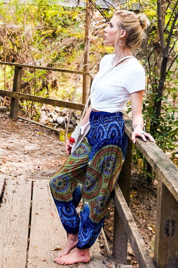 Blue Geometric Women Boho Pants Hippie Pants Yoga Pants - VirtuousWares:Global