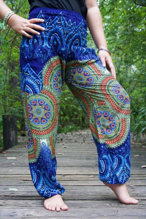 Blue Geometric Women Boho Pants Hippie Pants Yoga Pants - VirtuousWares:Global