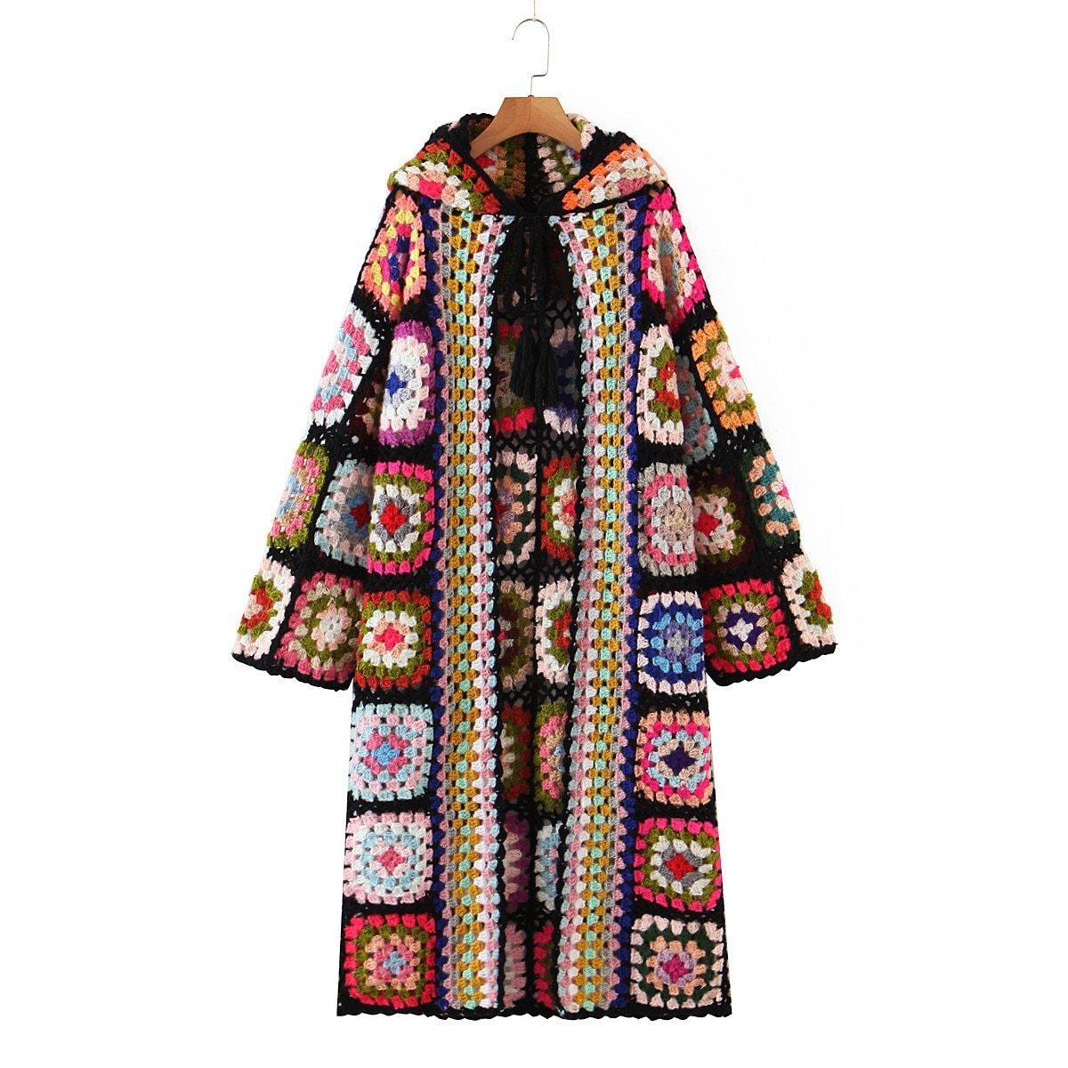 Bohemia Colored Plaid Flower Hand Crochet Hooded Cardigan - VirtuousWares:Global