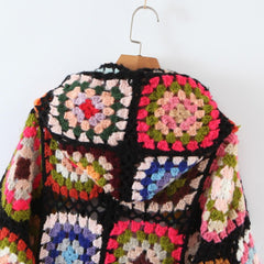 Bohemia Colored Plaid Flower Hand Crochet Hooded Cardigan - VirtuousWares:Global