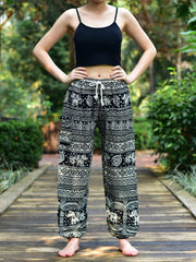 Bohotusk Black Elephant Calf Print Womens Harem Pants Tie Waist S/M to - VirtuousWares:Global