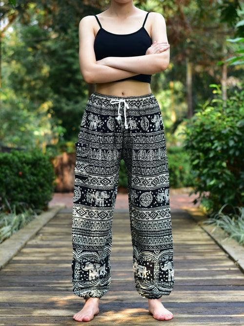 Bohotusk Black Elephant Calf Print Womens Harem Pants Tie Waist S/M to - VirtuousWares:Global