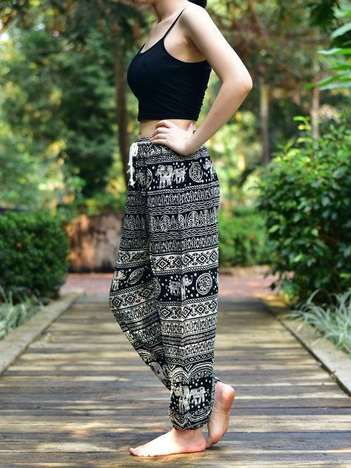 Bohotusk Black Elephant Calf Print Womens Harem Pants Tie Waist S/M to - VirtuousWares:Global