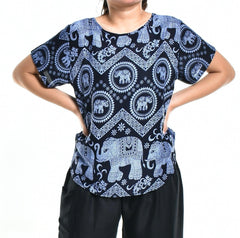 Bohotusk Blue Elephant Tusker Short Sleeved Top S M L HALF PRICE - VirtuousWares:Global